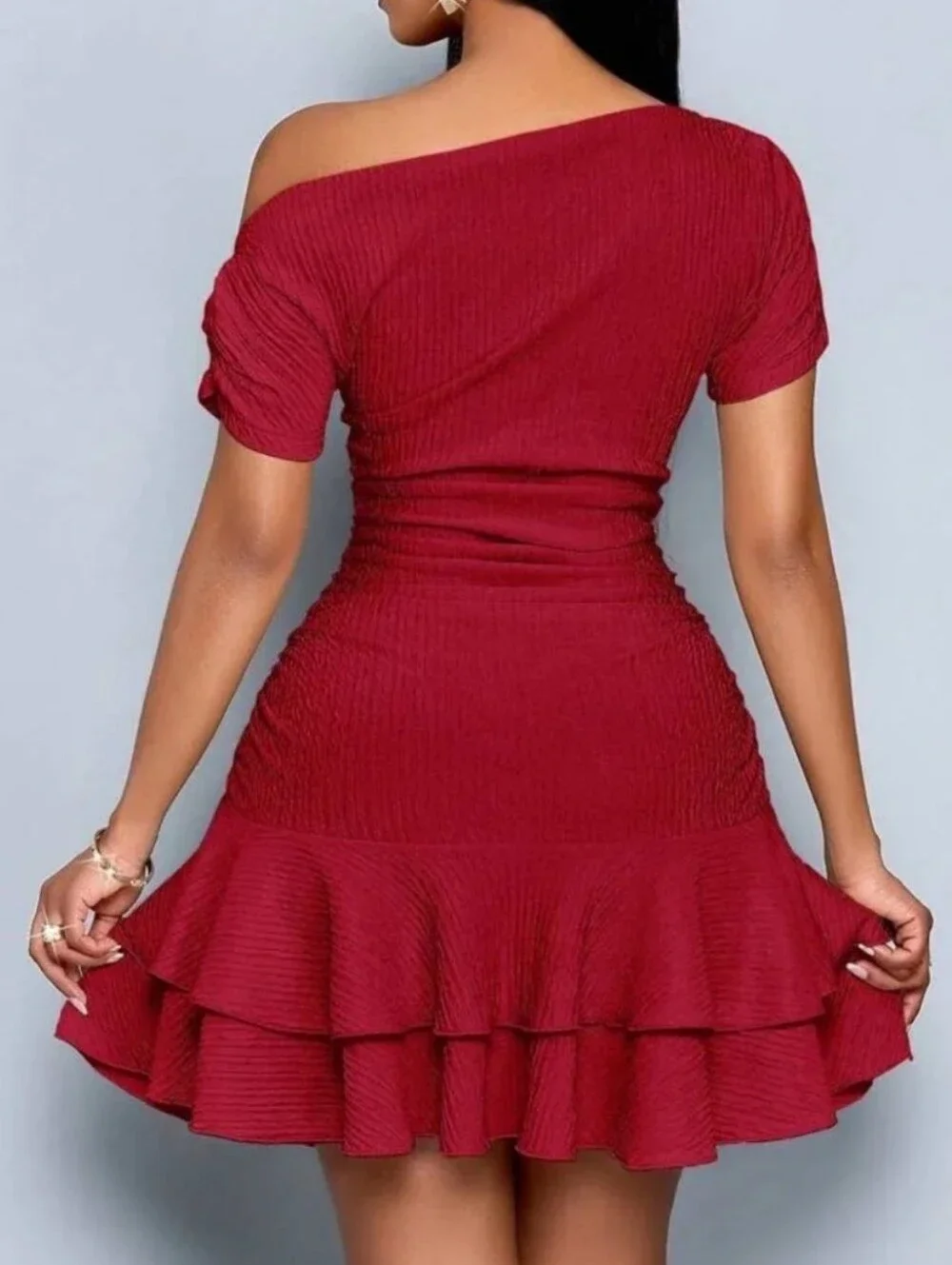 Off-Shoulder Textured Bodycon Ruched Ruffle Hem Dress in Deep Red - Picture 2 of 7